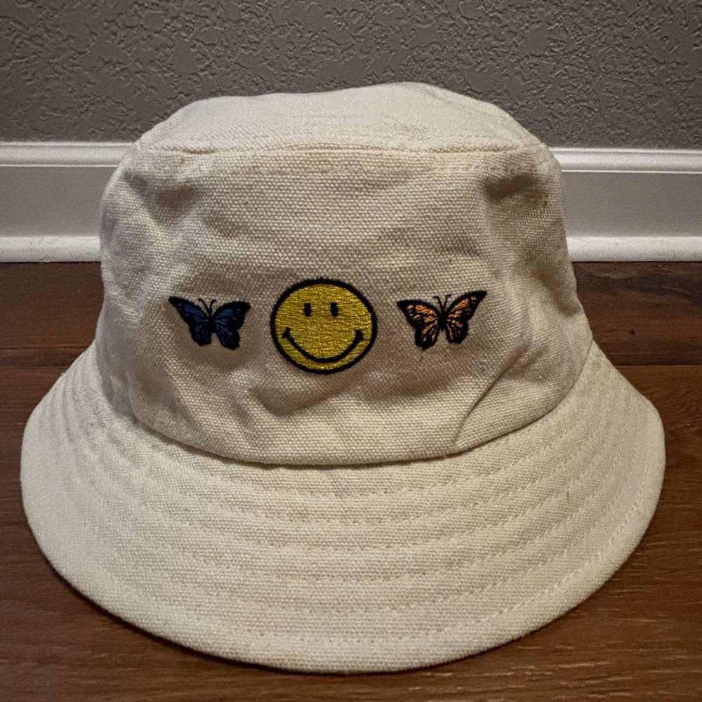 Smiley cream Bucket Hat with Smiley and Butterfly Design embellishment one size